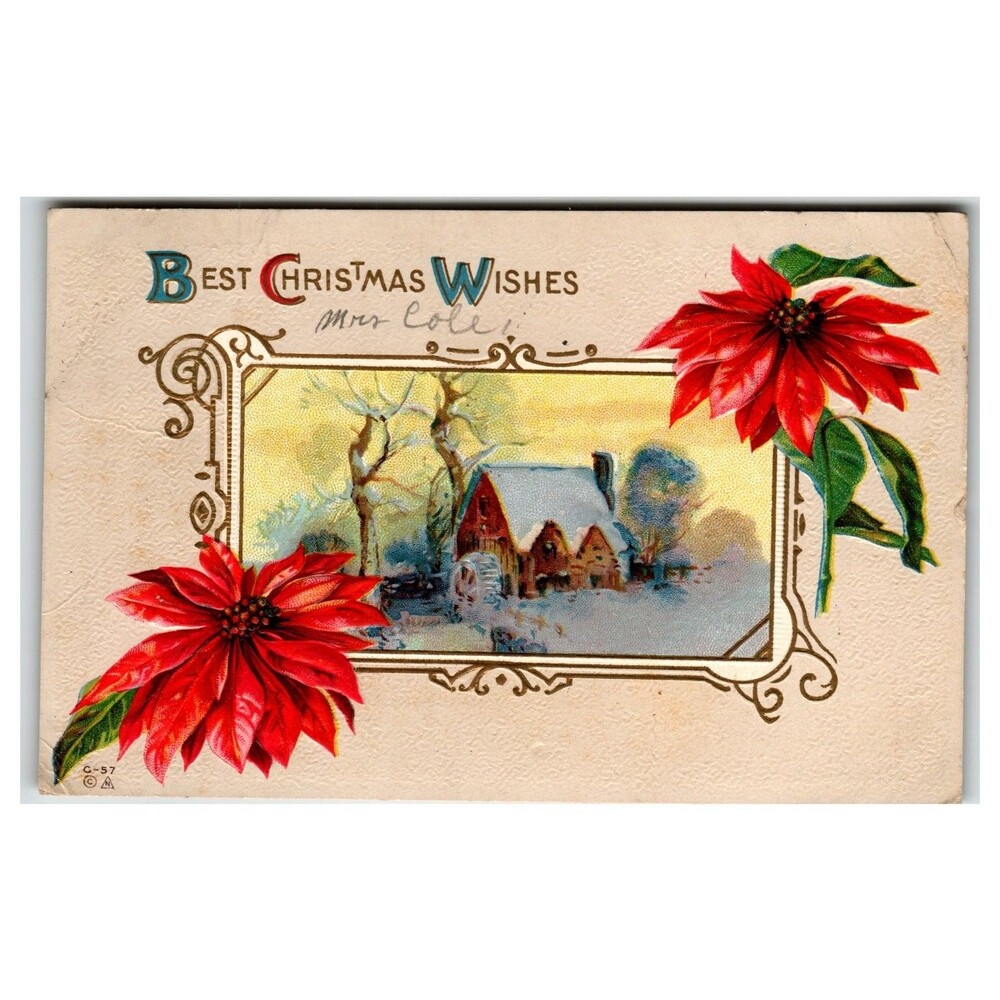 1913 Chicago Christmas Postcard Snow Scene Poinsettias Embossed G-57